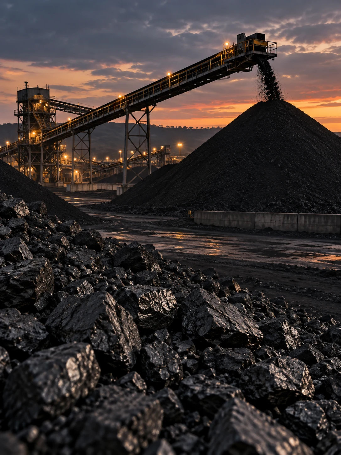 Coal stockpiles and conveyor system at dusk
