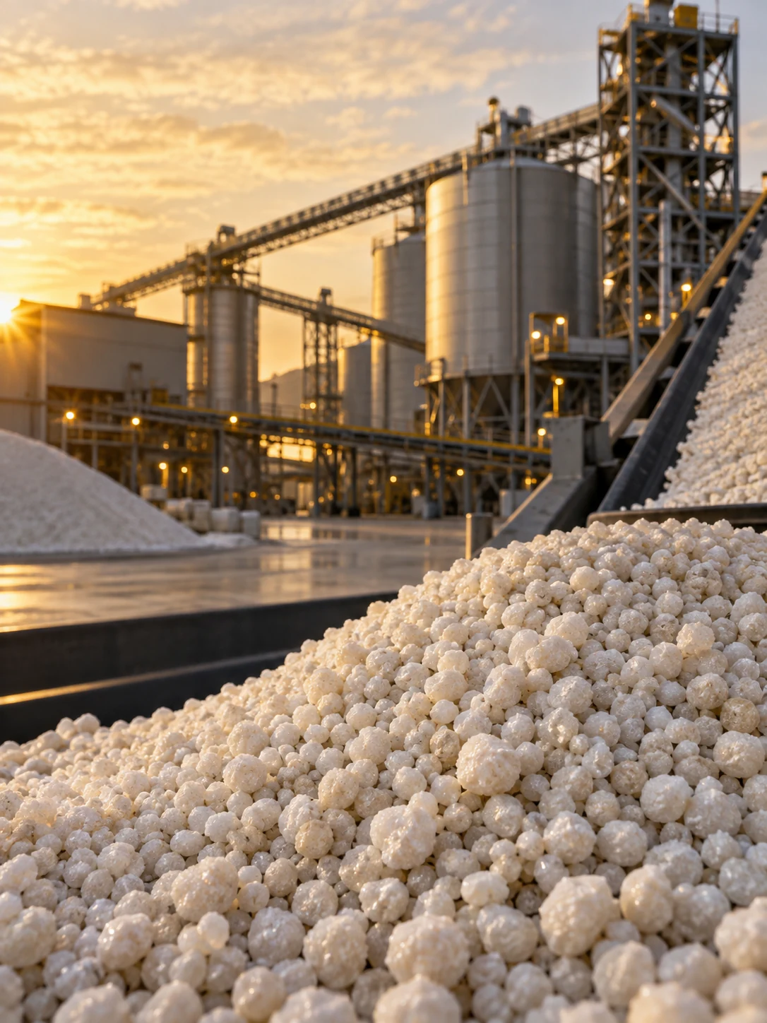 Fertilizer granules at an industrial processing plant