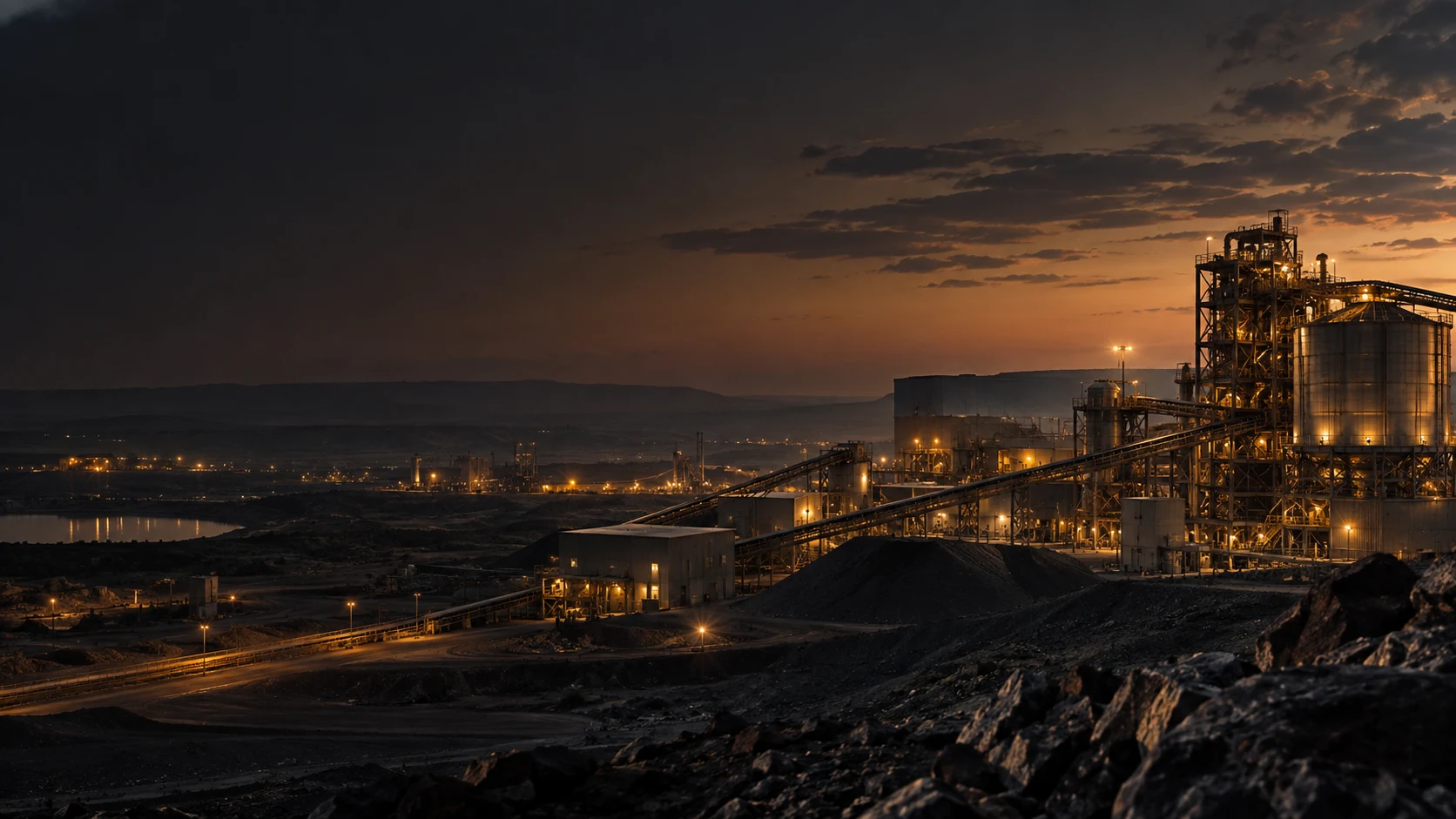 Gold mining and processing facility at dusk