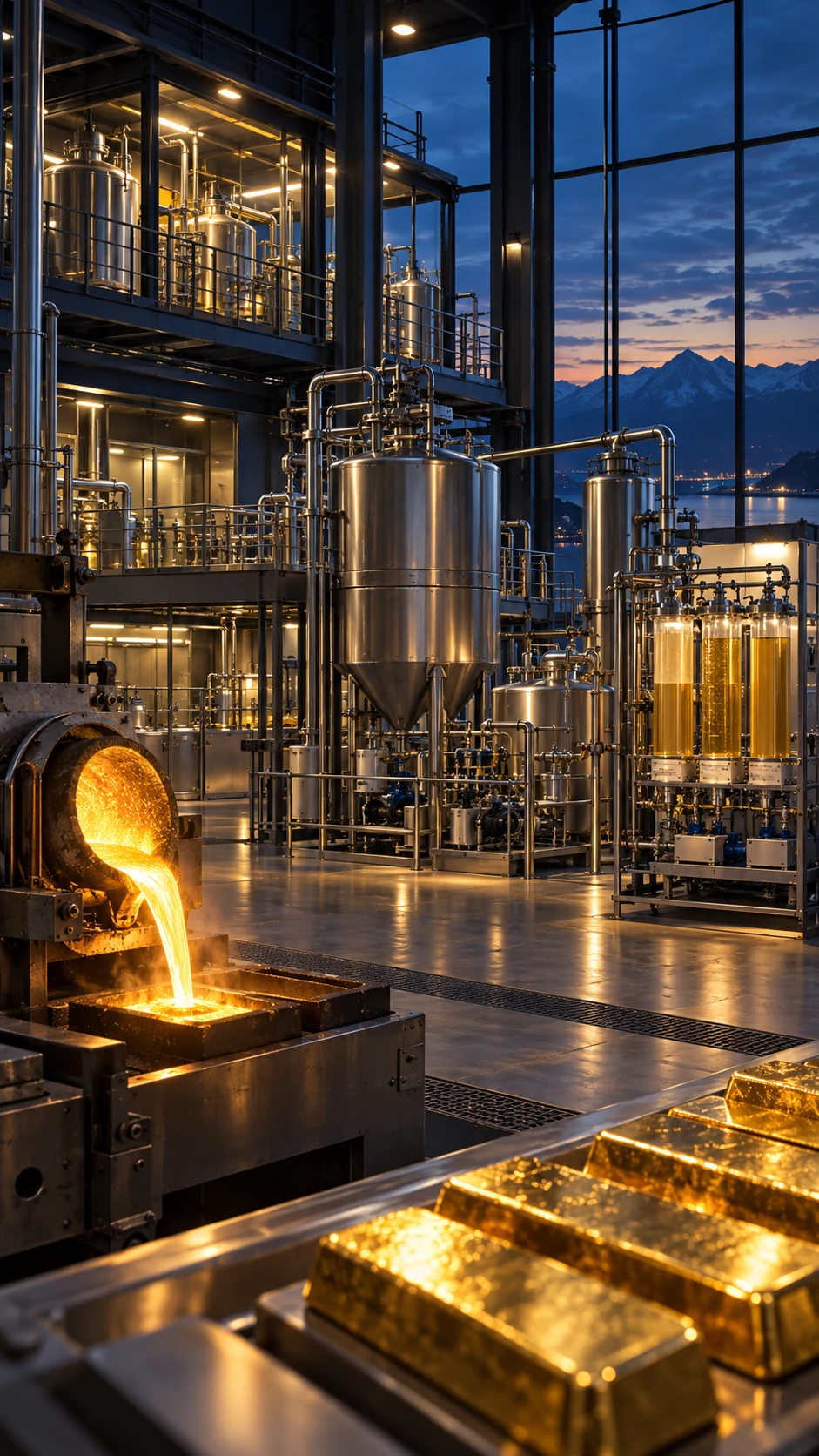Gold refinery processing facility at dusk